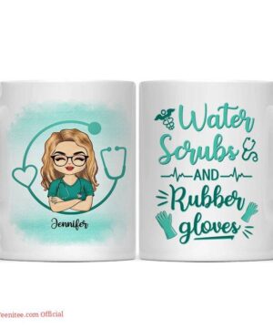 Water scrubs and rubber gloves - gift for nurses - personalized mug