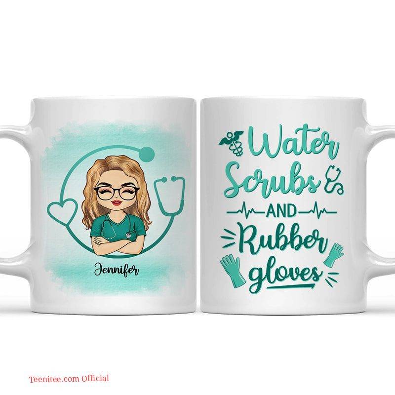 Water scrubs and rubber gloves - gift for nurses - personalized mug