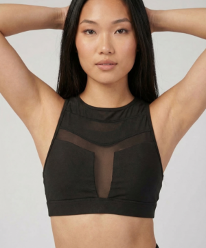 Mesh Panel High-Neck Strappy Sports Bra in Black, view 2