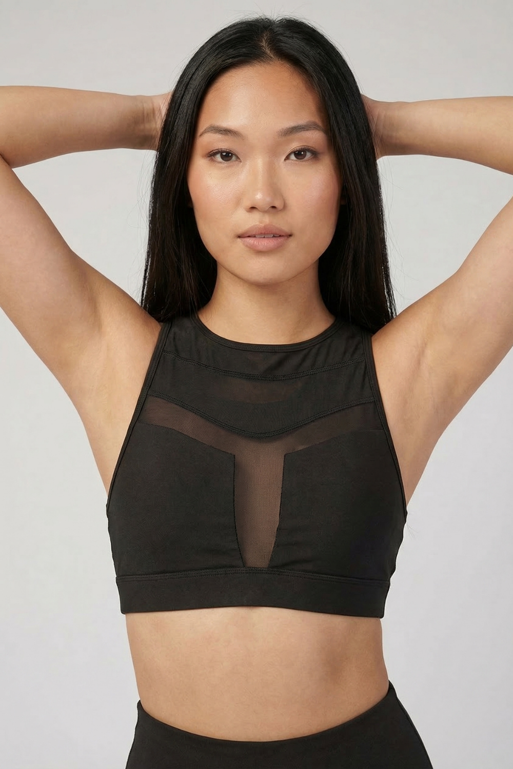 Mesh Panel High-Neck Strappy Sports Bra in Black, view 2