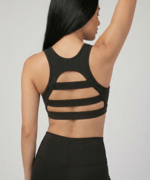 Mesh Panel High-Neck Strappy Sports Bra in Black, view 3
