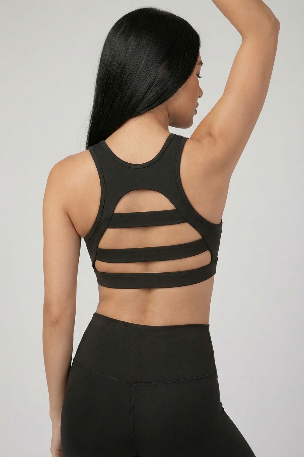 Mesh Panel High-Neck Strappy Sports Bra in Black, view 3