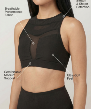 Mesh Panel High-Neck Strappy Sports Bra in Black, view 5