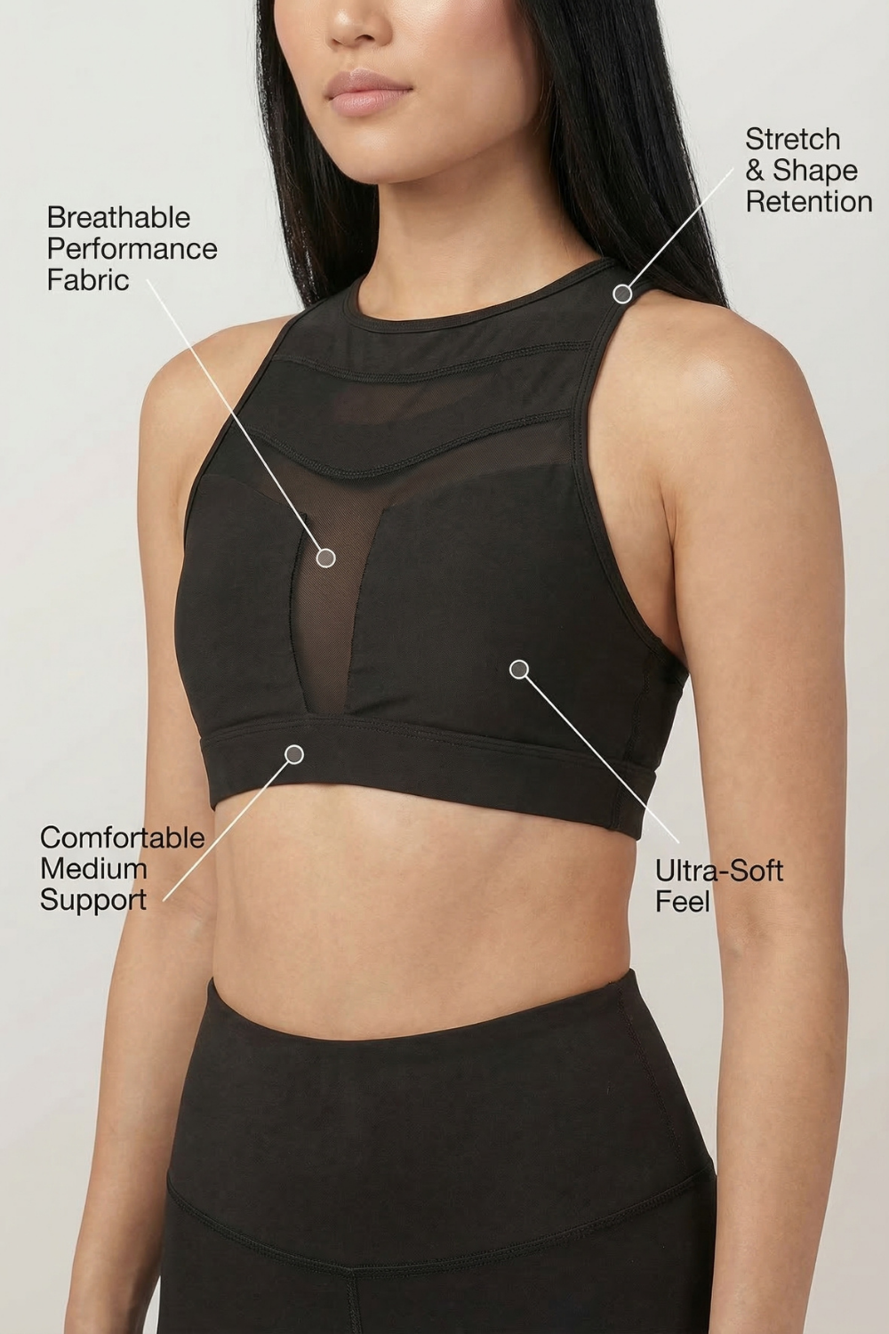 Mesh Panel High-Neck Strappy Sports Bra in Black, view 5