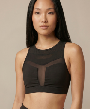 Mesh Panel High-Neck Strappy Sports Bra in Black