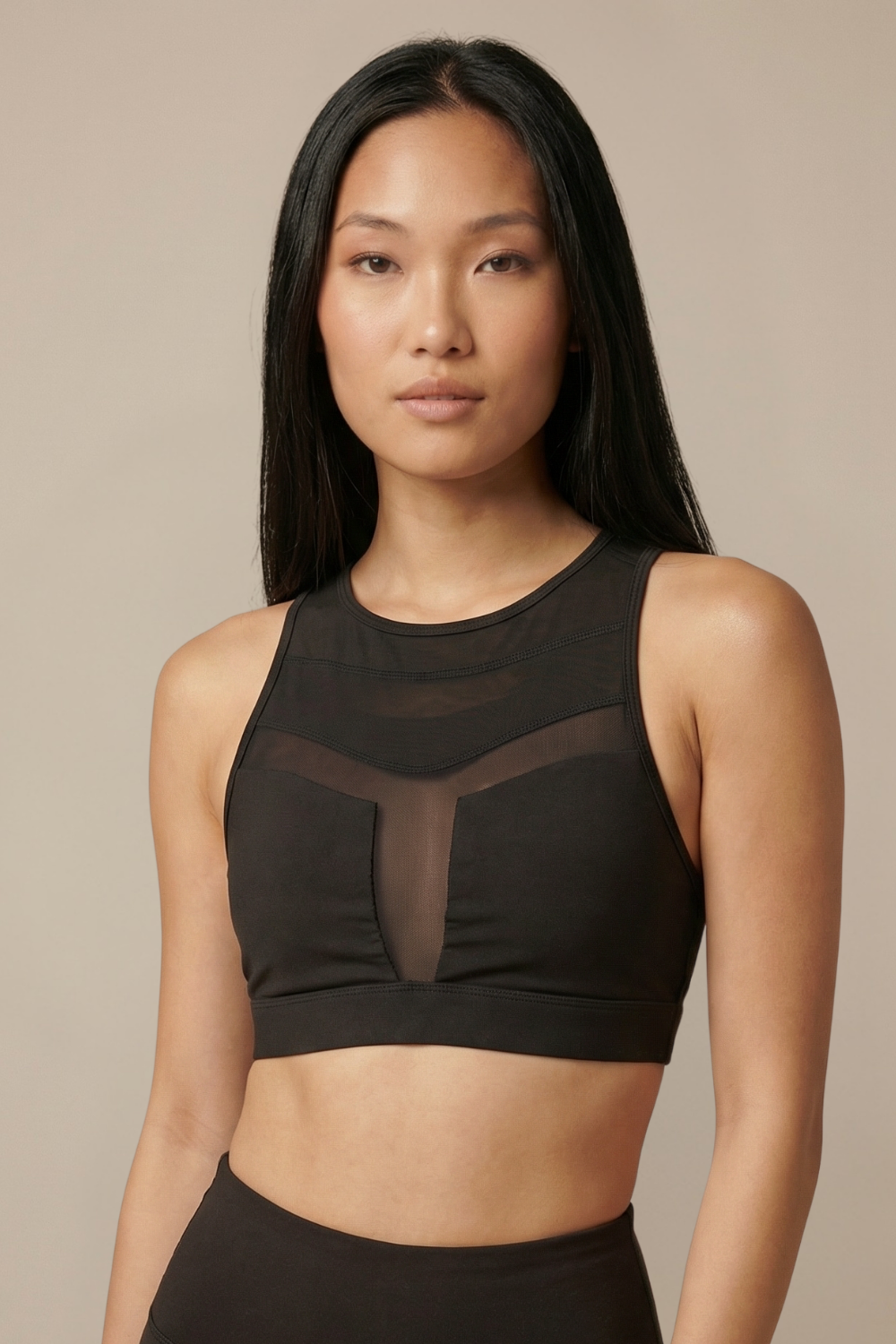 Mesh Panel High-Neck Strappy Sports Bra in Black