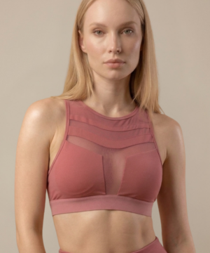 Mesh Panel High-Neck Strappy Sports Bra in Dry Rose