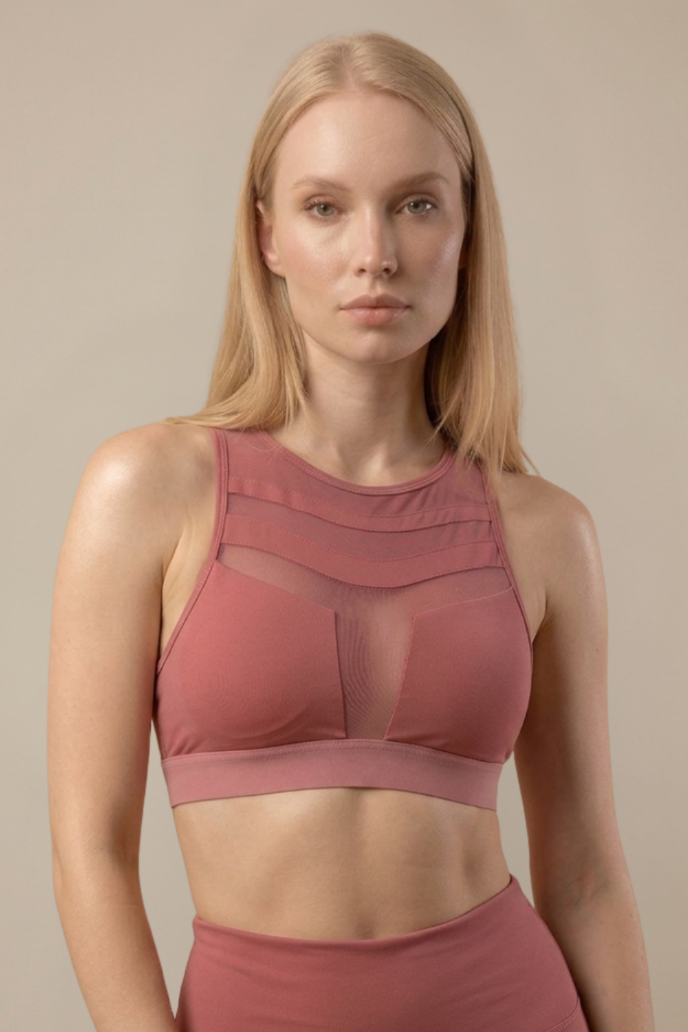 Mesh Panel High-Neck Strappy Sports Bra in Dry Rose