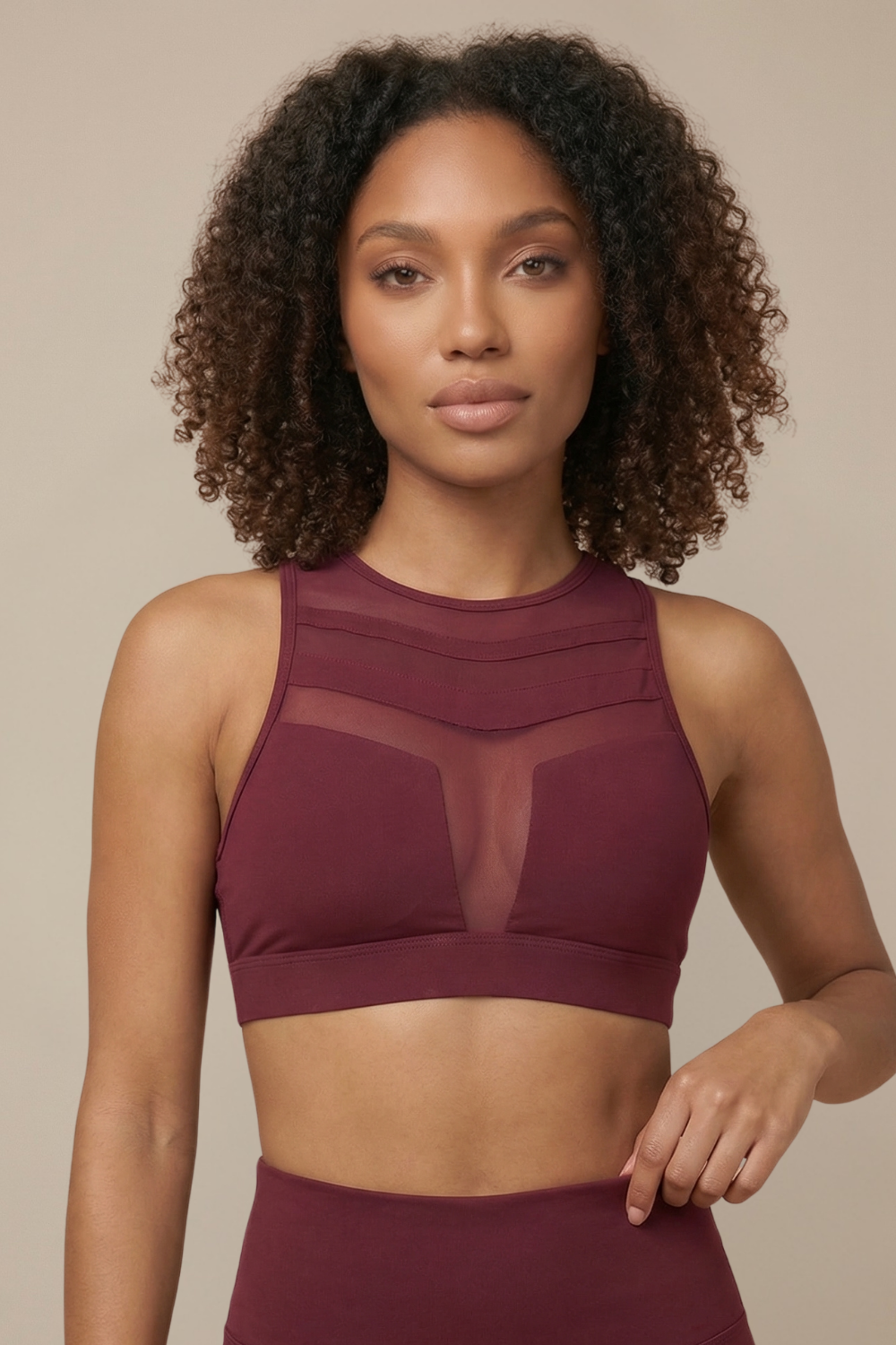 Mesh Panel High-Neck Strappy Sports Bra in Garnet