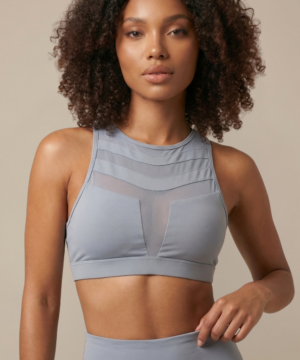 Mesh Panel High-Neck Strappy Sports Bra in Light Blue