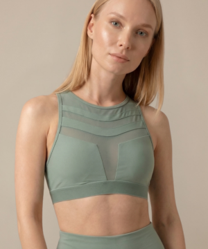 Mesh Panel High-Neck Strappy Sports Bra in Turquoise