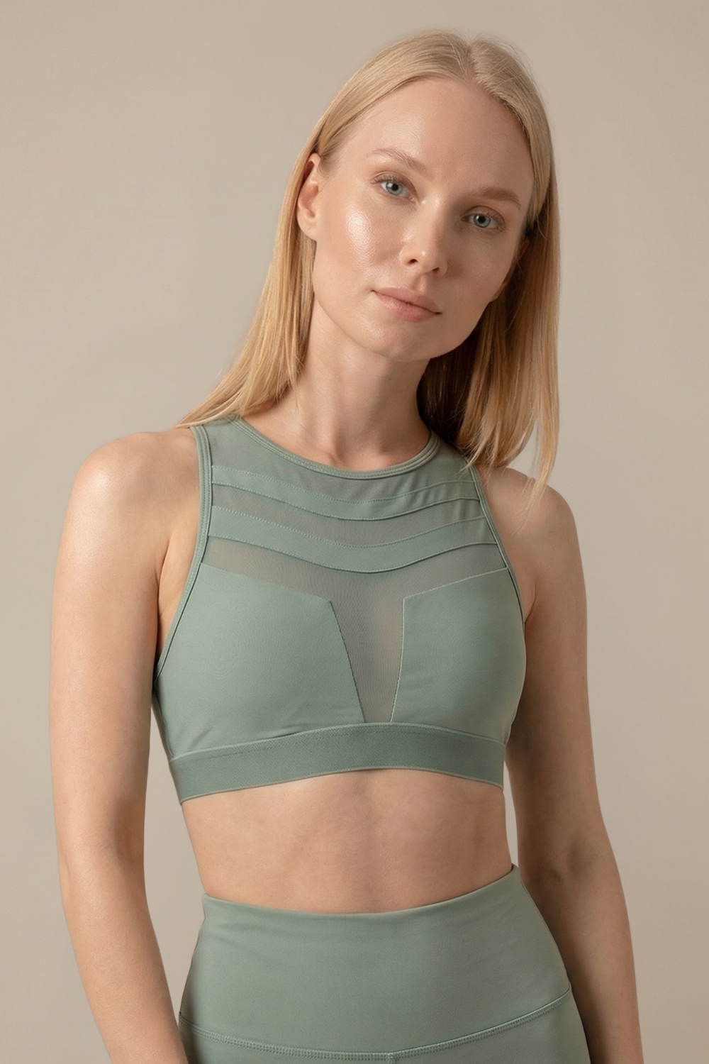 Mesh Panel High-Neck Strappy Sports Bra in Turquoise