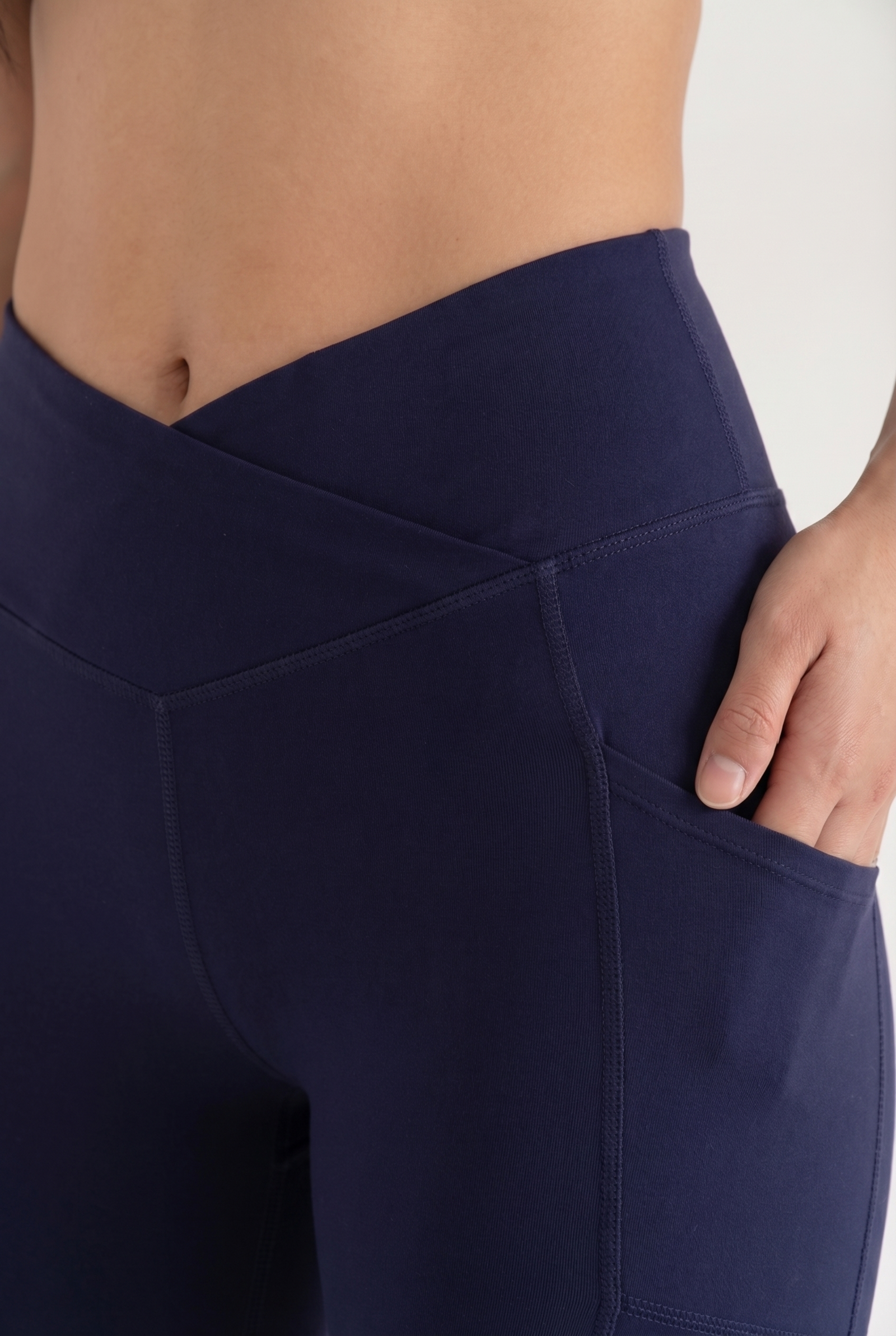 SoftTouch Pocket V-Waist Flare Legging in Dark Blue, view 3