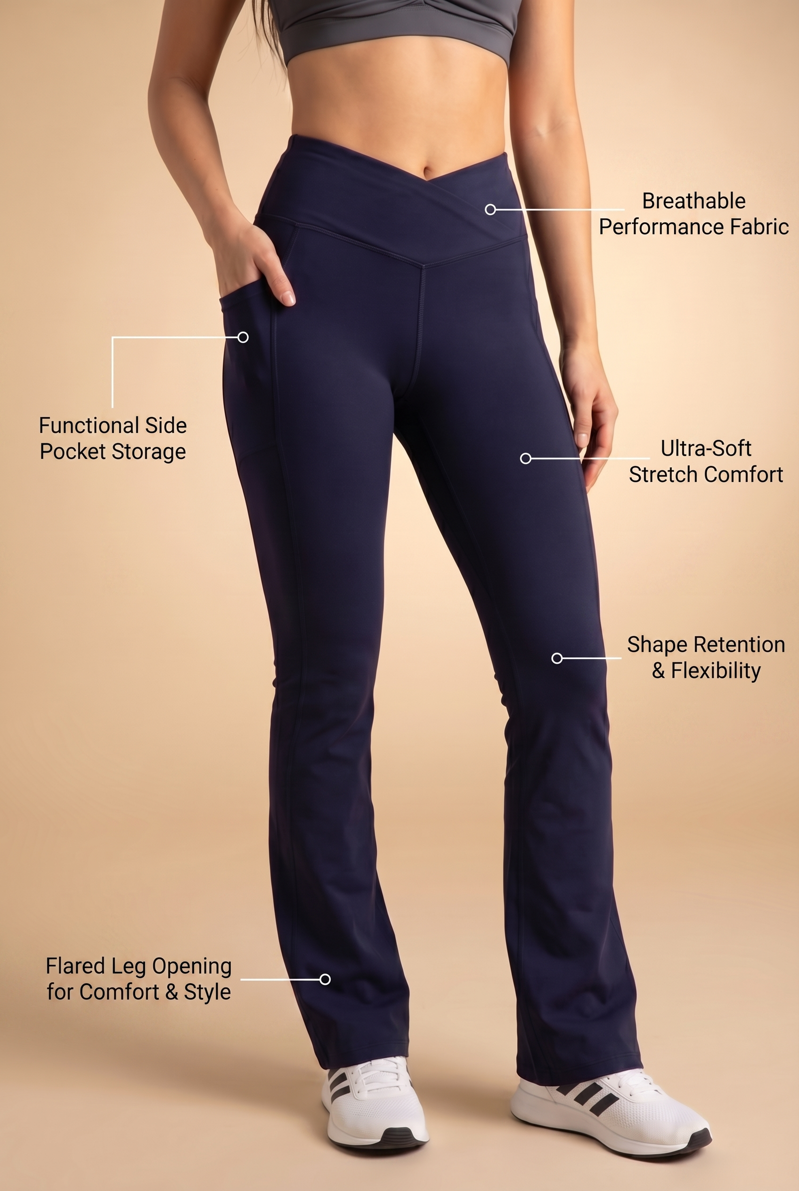 SoftTouch Pocket V-Waist Flare Legging in Dark Blue, view 2
