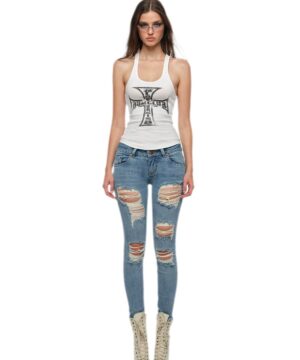 Cross Print Slim Tank in off-white, full-length look with jeans