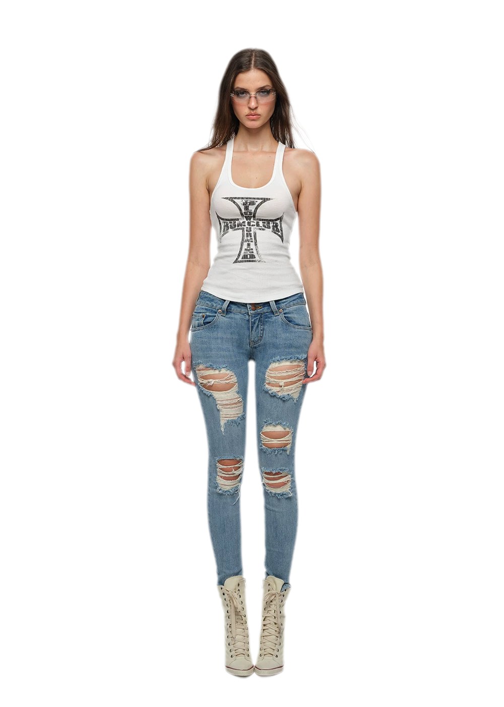 Cross Print Slim Tank in off-white, full-length look with jeans