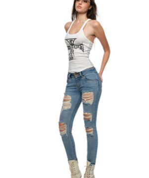 Cross Print Slim Tank styled with denim