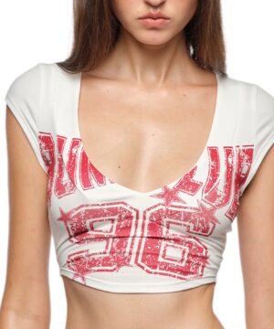Slim Fit Cropped T-Shirt in white, neckline and print detail